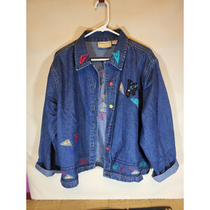 Vintage Carrie Allen Jean Shirt/ Jacket Gecko On Back. Embroidered Designs Large